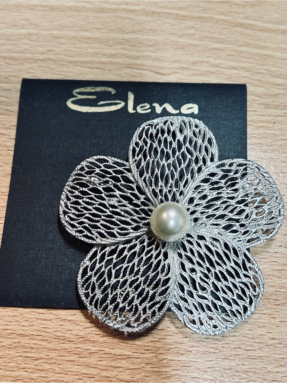 Elena Silver Lace Flower Brooch with Pearl Center